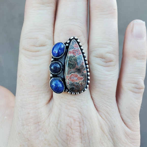 New Leopard Skin Jasper & Lapis Lazuli 925 Silver Ring. - Picture 9 of 14